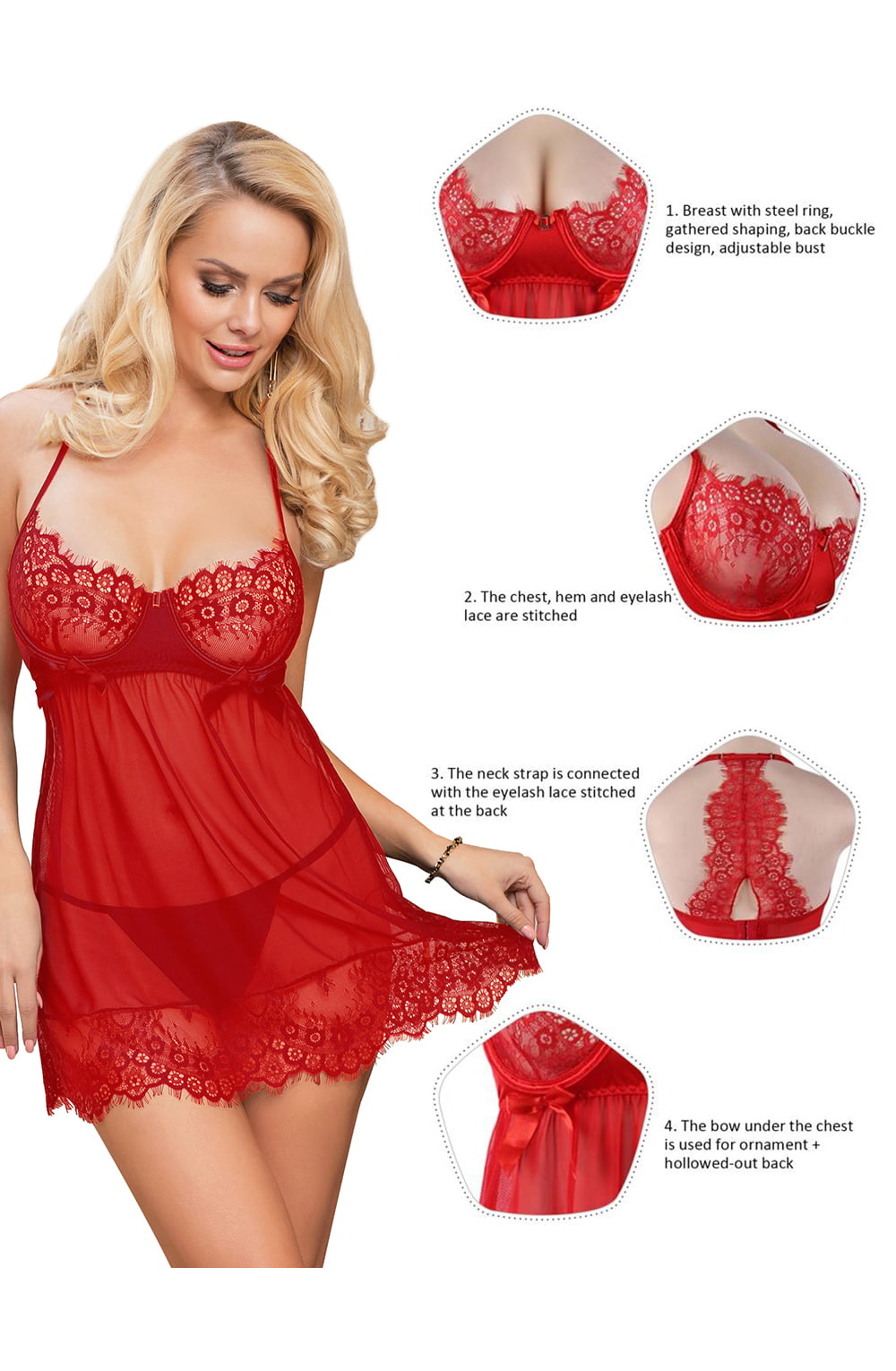 YesX YX952 Red Babydoll Set – Lingerie Sets, view 7 of 8