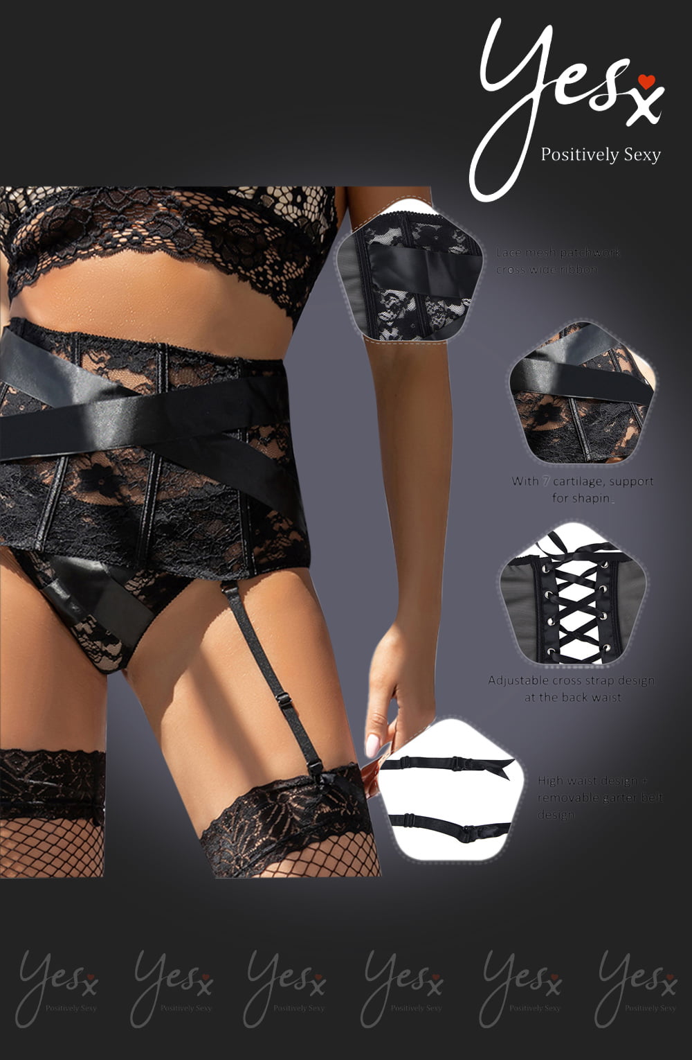 YesX YX984 Suspender Belt & Thong Set Black – Lingerie Sets, view 4 of 8