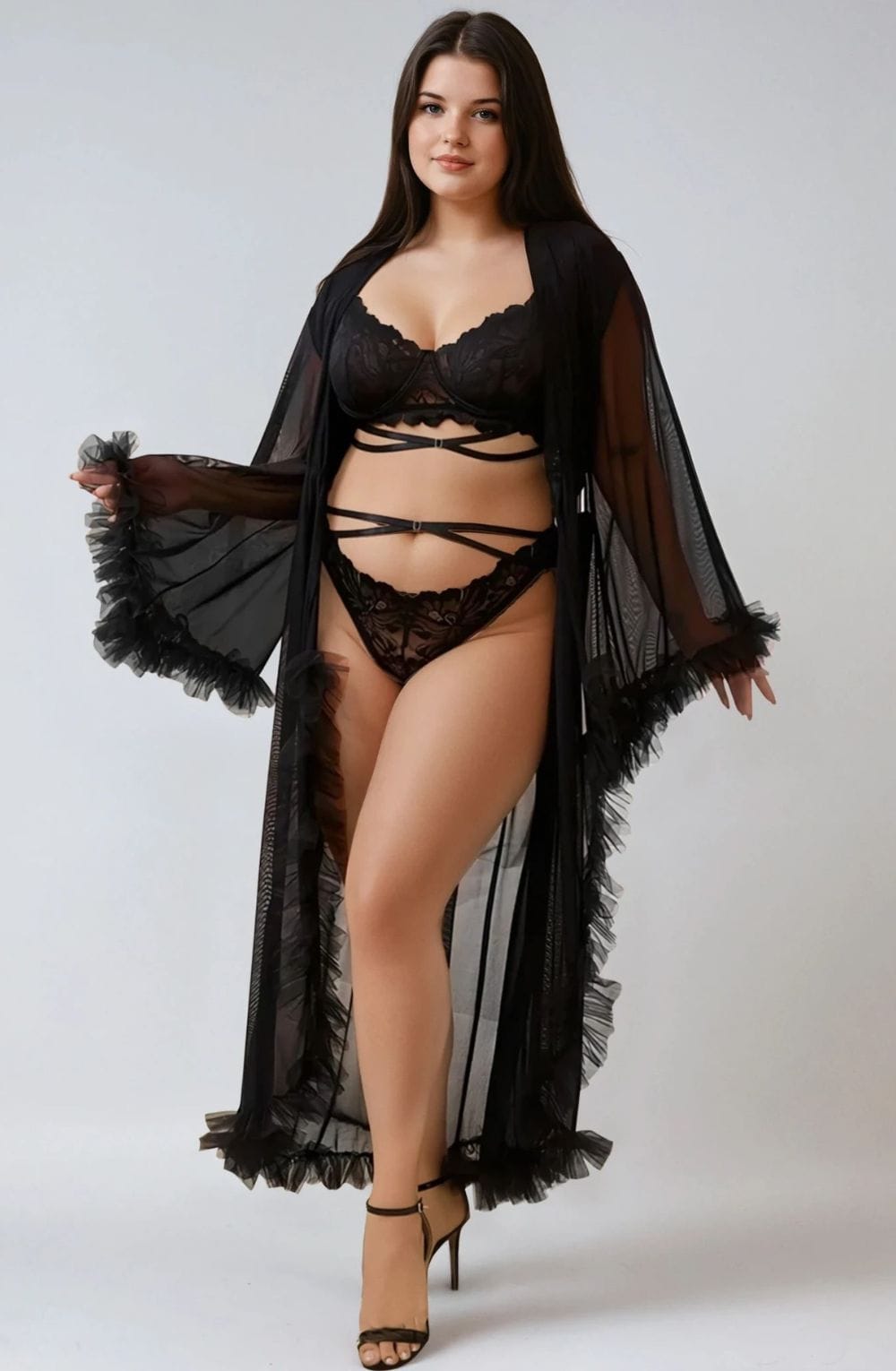 YesX YX735Q Sexy Mesh Ruffled Long Robe – Nightwear, view 3 of 4