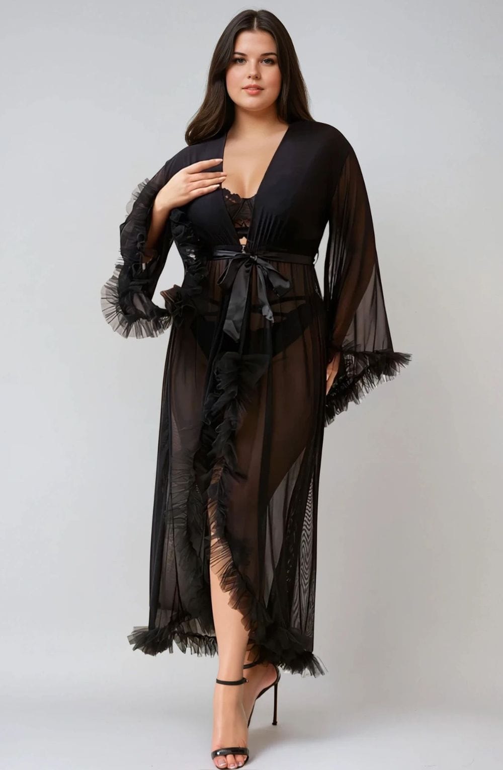 YesX YX735Q Sexy Mesh Ruffled Long Robe – Nightwear, view 2 of 4