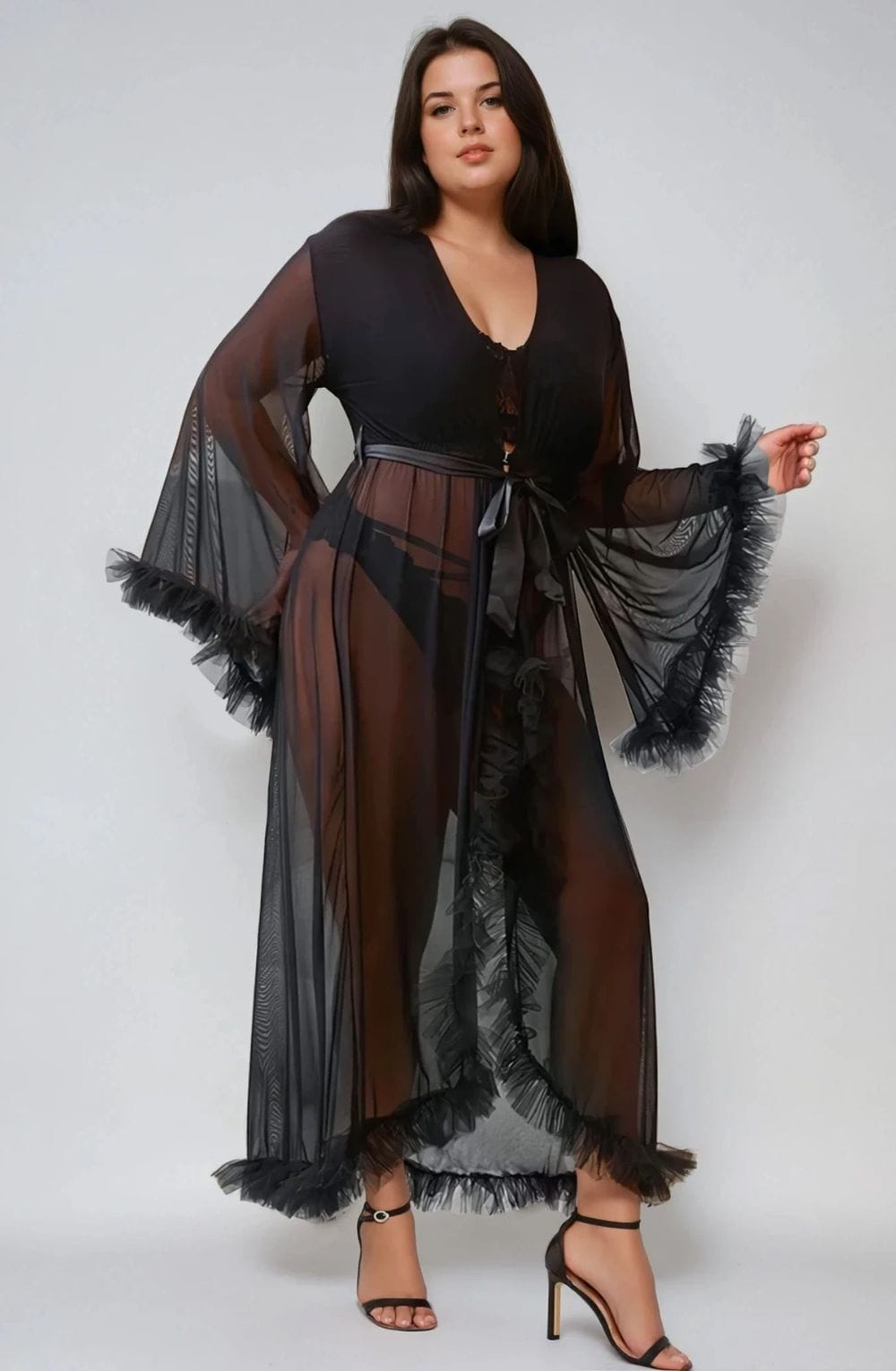 YesX YX735Q Sexy Mesh Ruffled Long Robe – Nightwear, view 1 of 4
