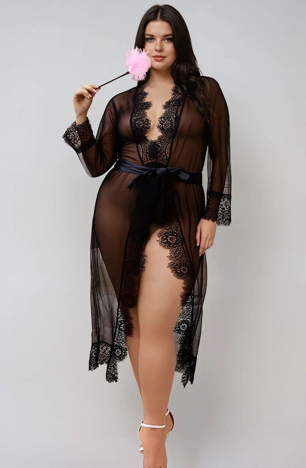 YesX YX734Q  Lacey Black Robe – Nightwear, view 2 of 3